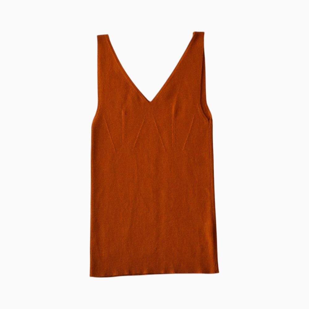 Iris & Ink Rust Orange V-neck Ribbed Silk Knit Tank Top Small